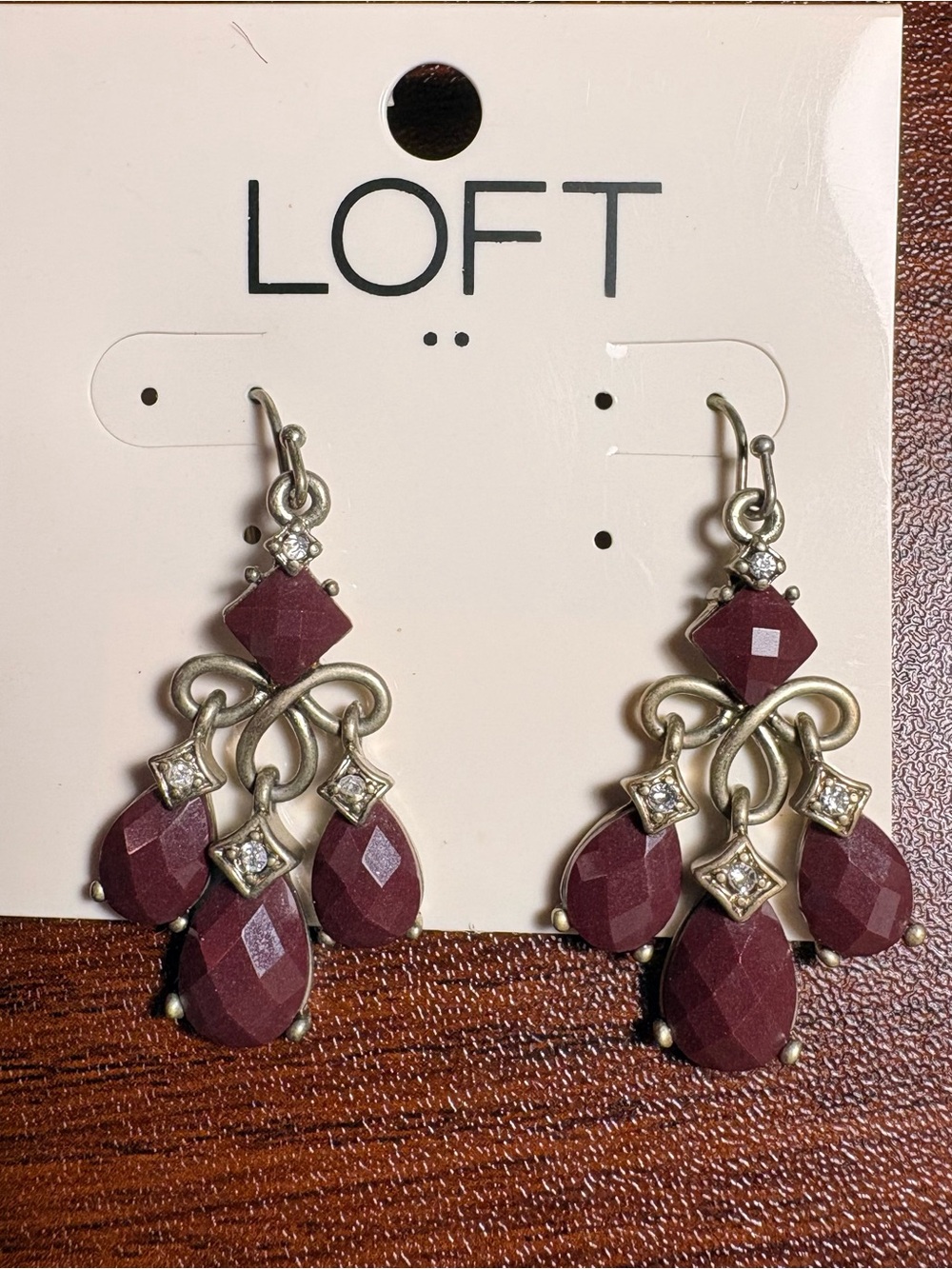 LOFT Maroon Faceted Teardrop Dangle Earrings with Silver Accents
